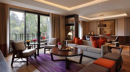 Fototapeta premium Modern Living Room with a View of Lush Greenery