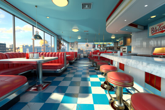 A vibrant retro diner with checkered floors, red booths, and a long counter creates a lively atmosphere, with sunlit windows uplifting the mood.