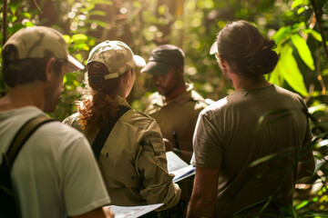 Fototapeta premium A group of people in casual attire explore a dense, lush jungle environment, engaged in what seems like an outdoor adventure or guided tour.