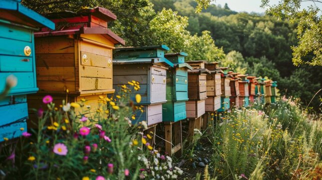 A row of colorful bee hives are lined up in a field