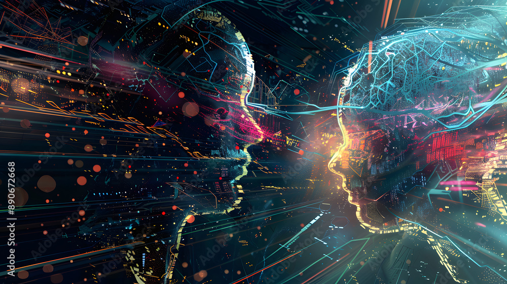 Poster two digital faces in a futuristic tech design, highlighting the intricate connections and advanced t