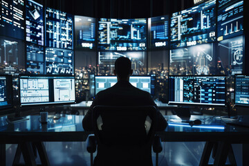 A person sits in a command center surrounded by multiple monitors displaying various data, analyzing information against a cityscape backdrop.