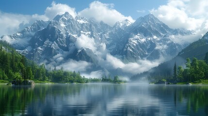 Fototapeta premium Mountain Lake with Foggy Peak Reflection