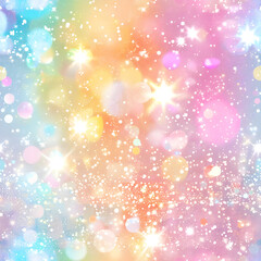 Rainbow colored festive background with bokeh lights and glittering, sparkling stars