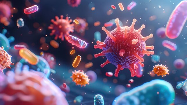 Colorful 3D rendering of various microscopic organisms, including viruses and bacteria, floating in space.