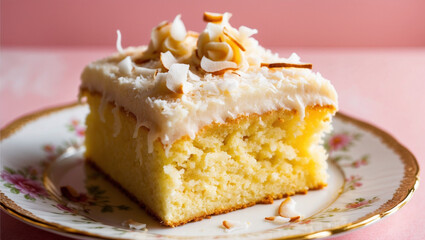 A Slice of Yellow Cake with Coconut Frosting on an Ornate Plate