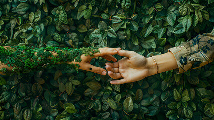 Deux mains se touchant, l'une couverte de mousse verte et l'autre nue, sur un fond de feuilles.