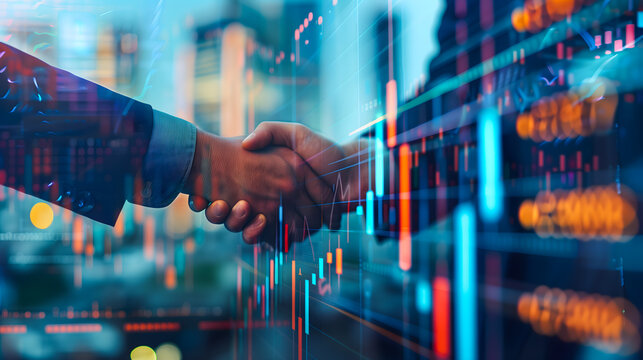 Poign&eacute;e de main entre deux hommes d'affaires devant des graphiques financiers num&eacute;riques.