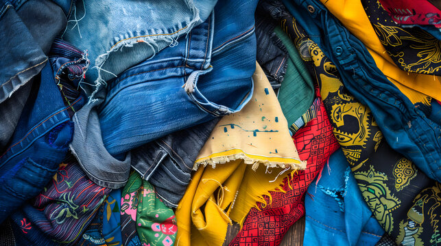 Un tas de tissus color&eacute;s et vari&eacute;s, y compris du denim et des motifs imprim&eacute;s.