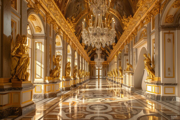 Fototapeta premium Opulent palace hallway adorned with golden statues and a magnificent chandelier, reflecting grandeur and elegance in every corner.