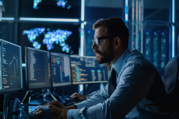 Fototapeta premium A man in a formal suit attentively observes multiple monitors displaying maps and codes in a bright, tech-filled office space.