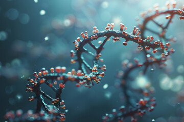 Close-up of a DNA strand with red molecular structures, enveloped in soft, ambient light, illustrating the beauty of life at a molecular level.