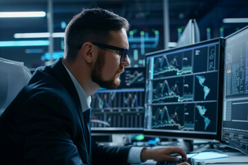 A focused man wearing glasses examines analytical data on multiple computer screens, emphasizing the technological modern work environment.