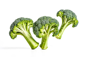 Three broccoli florets isolated on white background