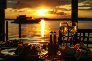 Two wine glasses and a delicious meal set on a waterfront table as the sun sets, casting a golden glow over the serene scene.