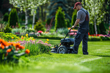 A gardener meticulously mows a vibrant, blossoming garden, showcasing dedication and care in maintaining lush, colorful landscapes on a sunny day.