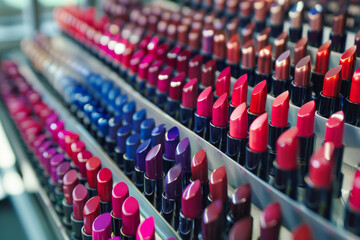 Colorful display of various shades of lipsticks neatly organized in rows, exuding vibrancy and beauty.