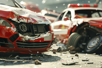 The violent aftermath of a high-speed collision between red sports cars is captured with bits of debris and broken vehicles, highlighting the shock and destruction.