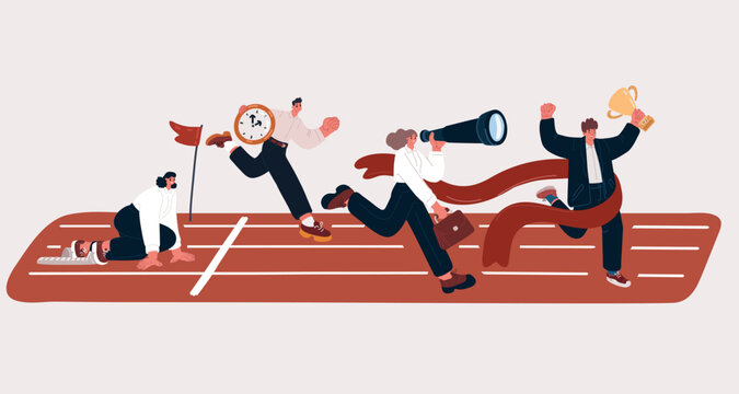 Cartoon vector illustration of Business people run race crossing finish line ribbon. Team leader finish first. Businessperson man, woman colleagues win race competition achieving success. Leadership c