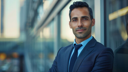 Fototapeta premium A man in a suit and tie stands in front of a window, smiling