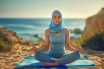 Fototapeta premium Muslim woman is sitting on a mat on the beach, wearing a blue hijab. She is meditating or doing yoga