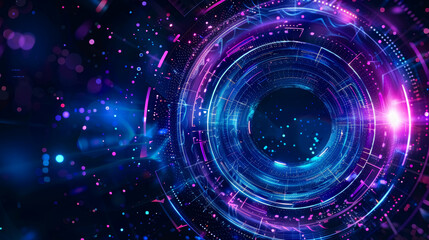 Fototapeta premium Airy digital blue and purple tech circle on dark background. Science, futuristic digital technologies concept. 