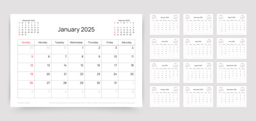 2025 year calendar. Planner calender template. Week starts Sunday. Table schedule grid with 12 month. Yearly stationery organizer. Horizontal monthly diary layout. Vector simple illustration