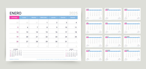 Spanish 2025 calendar. Planner calender template. Spain desk schedule grid with 12 month. Week starts Sunday. Yearly organizer layout. Horizontal monthly diary, A5. Vector simple illustration.
