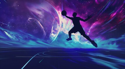 uturistic illustration of the black silhouette of a man, a male basketball player with a ball in his hands in a purple-blue cosmos, universe, or space, team play, sports activity, astronomy galaxy art