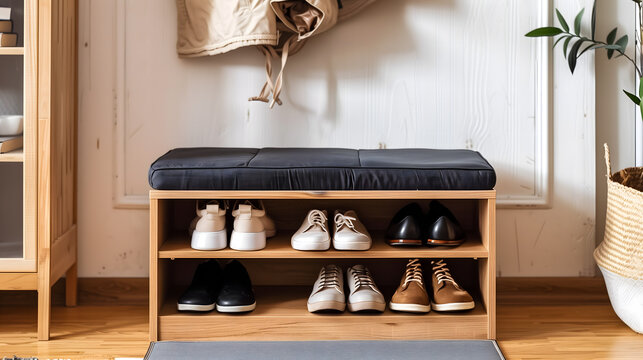 Un banc de rangement avec un coussin noir et plusieurs paires de chaussures rang&eacute;es sur des &eacute;tag&egrave;res en dessous, plac&eacute; dans une entr&eacute;e.