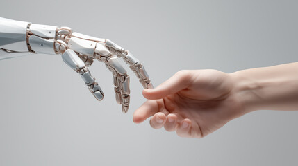 The image depicts a robotic hand and a human hand touching, representing the fusion of technology and humanity. It highlights teamwork and the connection between these two realms