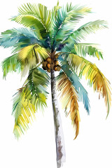 Fototapeta premium Tropical Coconut Palm Tree Art in Watercolor | White Background Sketch