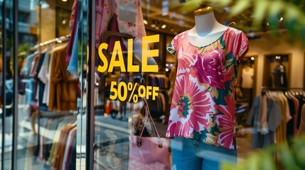 Naklejka premium Storefront glass doors with a bold SALE sign, promoting seasonal discounts and attracting customers with special offers.