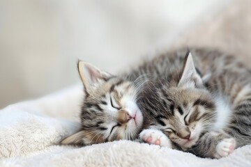 Adorable tabby kittens peacefully sleeping together on a soft, cozy blanket.