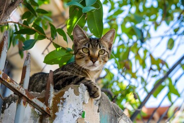 Curious tabby cat perched on a rustic wall under lush green leaves on a sunny day.