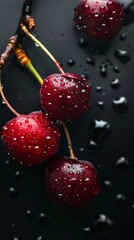  water droplets on red cherries, black background