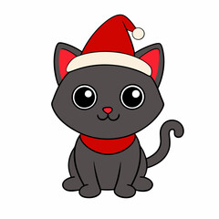 Obraz premium Vector illustration of a cute cat in a Christmas hat with black silhouette on white background combining Halloween and festive themes