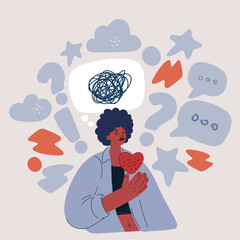 Cartoon vector illustration of Unhappy woman thinking about problems.