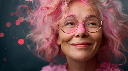 A cheerful elderly woman with pink hair and glasses, smiling gently.  She has pink powder on her face and a dreamy expression