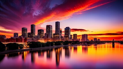 Fototapeta premium Aerial sunset cityscape or landscape glowing with warm orange, pink, and purple tones, beautiful urban skyline at golden hour.