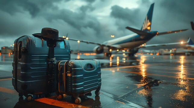 Two suitcases and a hat on an airport tarmac with an airplane in the background on a rainy day, capturing the essence of travel and adventure.