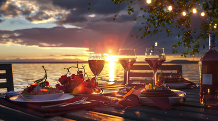 Obraz premium A beautifully set outdoor dinner table by the lake at sunset, with wine, grapes, and a stunning view, creating a perfect romantic ambiance.