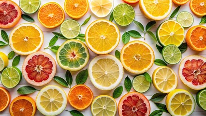 Vibrant segmented wheels of citrus fruits arranged artfully against a pristine white backdrop, exuding freshness and sophistication.