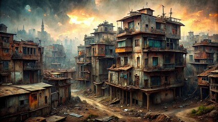 Dilapidated metropolis featuring crumbling houses, worn concrete, peeling paint, rusty metal, and trash-strewn streets amidst perpetual gloom and desolation.