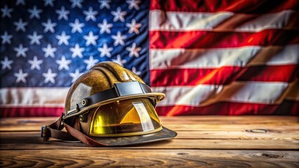 Empty helmet of a firefighter or military officer on a wooden table with patriotic colors and subtle blurred background.