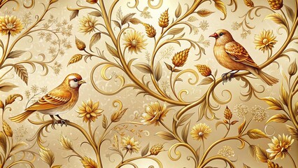 Delicate golden sparrows perched amidst intricate floral patterns and vines on a warm beige background, perfect for luxury wallpaper designs.