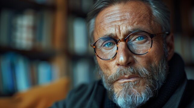  portrait of a rich 50 yo. man wearing luxury designer glasses, sleek titanium frames. the man looks wisdom and visionary. studio lighting, library background