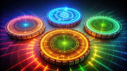 Illuminated circular diagrams showcasing incremental tree trunk growth, intricate ring patterns, and vibrant colors for diverse design applications.