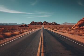 A long road stretches across a desert landscape. Road to somewhere concept