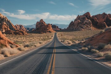 A long road stretches across a desert landscape. Road to somewhere concept